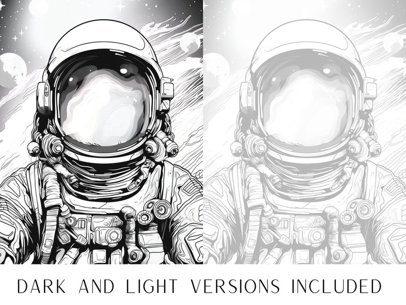 Pode incluir: Uma ilustra&ccedil;&atilde;o em preto e branco de um astronauta com um traje espacial e um capacete. O astronauta est&aacute; em frente a um fundo de estrelas e planetas.