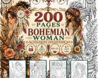 200 Bohemian Woman Coloring Pages, Floral Fashion Portraits (Light + Dark PDF)