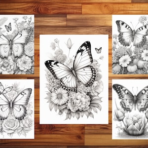 May include: Four black and white illustrations of butterflies surrounded by flowers. Each butterfly is in a different pose and surrounded by different flowers.