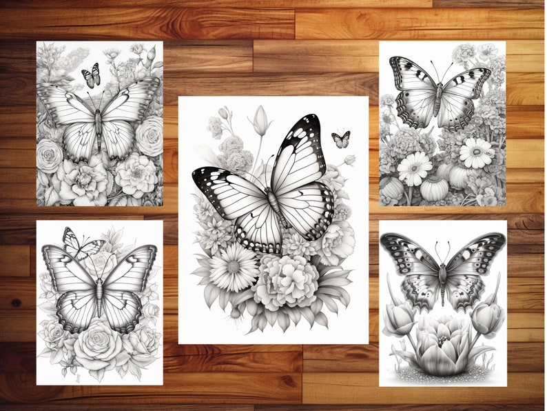 May include: Four black and white illustrations of butterflies surrounded by flowers. Each butterfly is in a different pose and surrounded by different flowers.