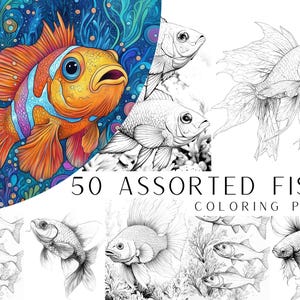 50 Assorted Fish Coloring Pages - Adult and Kids Coloring Book, Ocean ...
