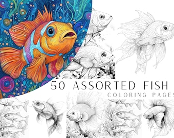 50 Assorted Fish Coloring Pages - Adult And Kids Coloring Book, Ocean Coloring Sheets, Instant Download, Printable PDF File.