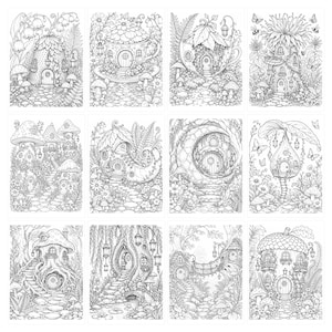 May include: A collection of twelve black and white line art illustrations featuring intricate fantasy dwellings. Each scene depicts a unique house shaped like mushrooms, teacups, acorns, or crescent moons, surrounded by detailed foliage and flowers.