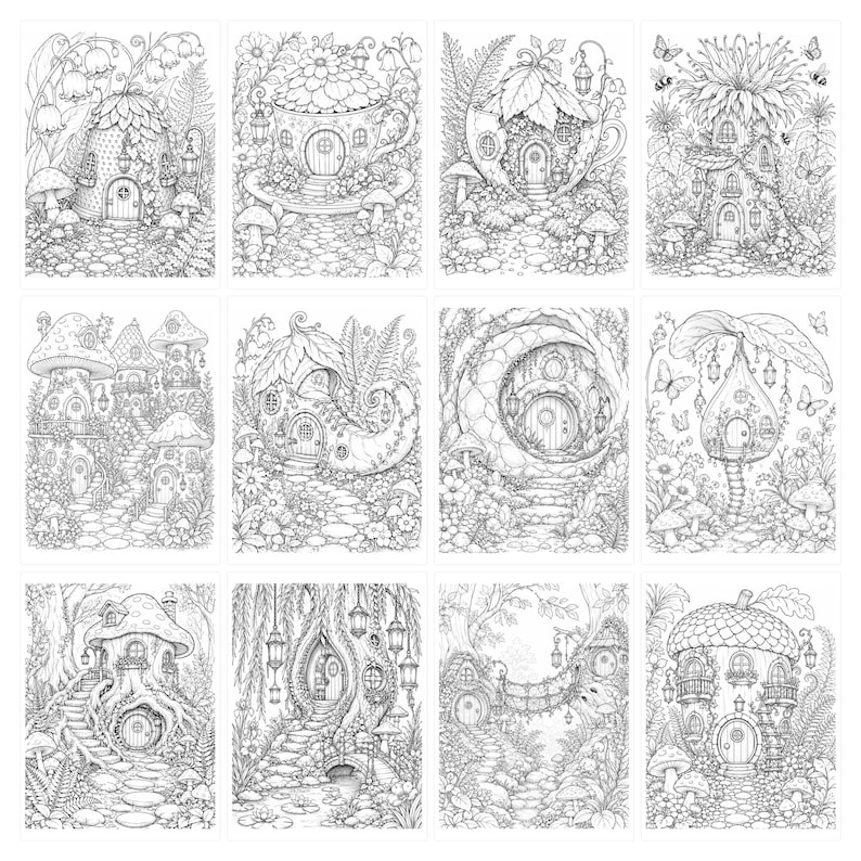 May include: A collection of twelve black and white line art illustrations featuring intricate fantasy dwellings. Each scene depicts a unique house shaped like mushrooms, teacups, acorns, or crescent moons, surrounded by detailed foliage and flowers.