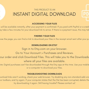 Peut inclure: Un fond jaune avec du texte noir expliquant comment acc&eacute;der et t&eacute;l&eacute;charger des fichiers num&eacute;riques achet&eacute;s sur Etsy. Le texte comprend des instructions pour acc&eacute;der aux fichiers, trouver les fichiers, t&eacute;l&eacute;charger sur Etsy et d&eacute;panner les t&eacute;l&eacute;chargements. Le texte comprend &eacute;galement une ic&ocirc;ne PDF.