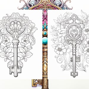 Puede incluir: Un dibujo en blanco y negro de una llave decorativa con un dise&ntilde;o en forma de coraz&oacute;n. La llave est&aacute; rodeada de detalles florales.