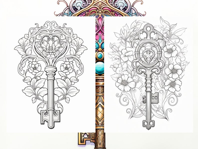 Puede incluir: Un dibujo en blanco y negro de una llave decorativa con un dise&ntilde;o en forma de coraz&oacute;n. La llave est&aacute; rodeada de detalles florales.
