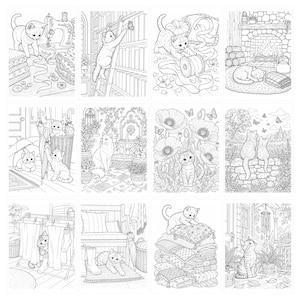 May include: A collection of twelve black and white line art illustrations featuring cats in various settings, including a sewing room, a library, a fireplace, a garden, and a laundry area, designed for coloring with intricate details and patterns.