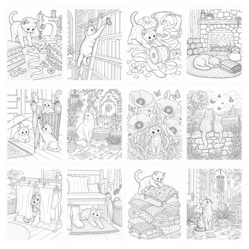 May include: A collection of twelve black and white line art illustrations featuring cats in various settings, including a sewing room, a library, a fireplace, a garden, and a laundry area, designed for coloring with intricate details and patterns.