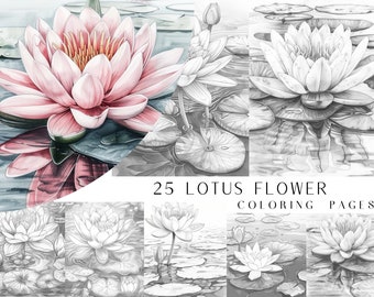 25 pagine da colorare di fiori di loto - Libro da colorare per adulti e bambini, scala di grigi, fogli da colorare digitali, download istantaneo, file PDF stampabile.
