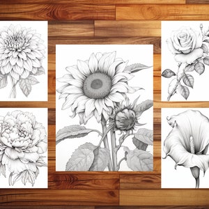 100 pages à colorier de fleurs élégantes - livre de coloriage pour adultes et enfants, niveaux de gris, feuilles de coloriage numériques, téléchargement immédiat, fichier PDF imprimable. image 2