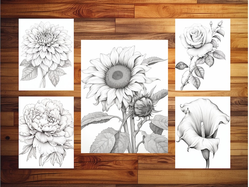 100 pages à colorier de fleurs élégantes - livre de coloriage pour adultes et enfants, niveaux de gris, feuilles de coloriage numériques, téléchargement immédiat, fichier PDF imprimable. image 2