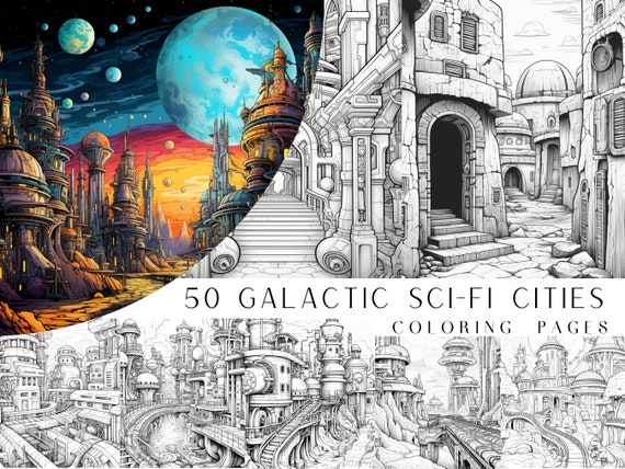 50 Galactic Sci-fi City Coloring Pages - Kids And Adult Coloring Book, Grayscale Coloring Page, Instant Download, Printable PDF File