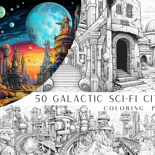 50 Galactic Sci-fi City Coloring Pages - Kids And Adult Coloring Book, Grayscale Coloring Page, Instant Download, Printable PDF File