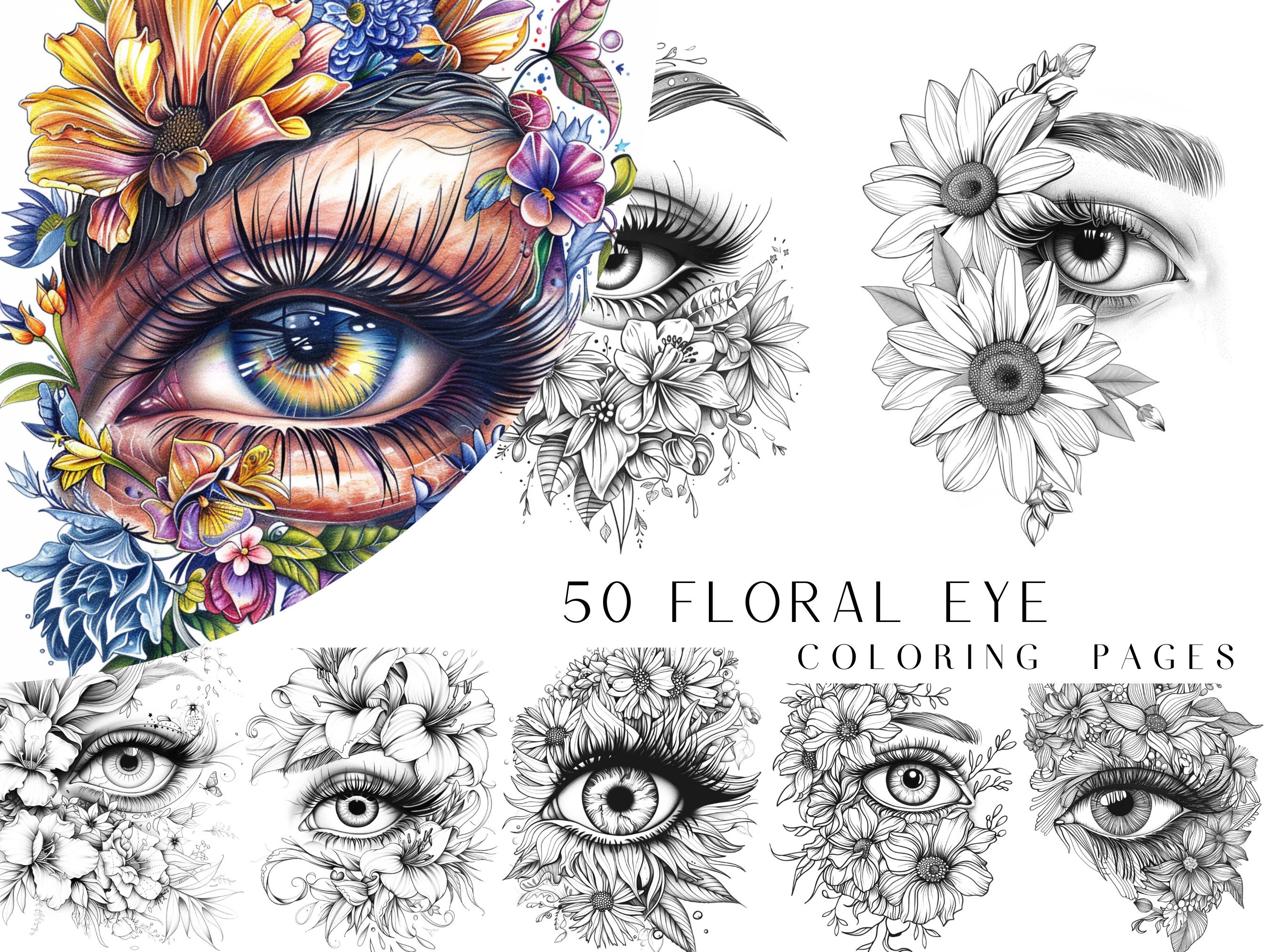 50 páginas para colorear de ojos florales para adultos y niños – Libro imprimible en escala de grises PDF, descarga instantánea