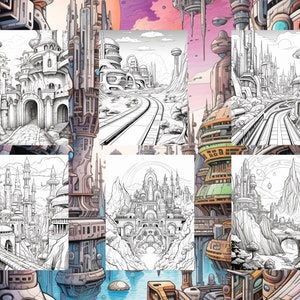 May include: A black and white illustration of a futuristic city with tall buildings, bridges, and a winding road. The city is surrounded by mountains and a sky with clouds.