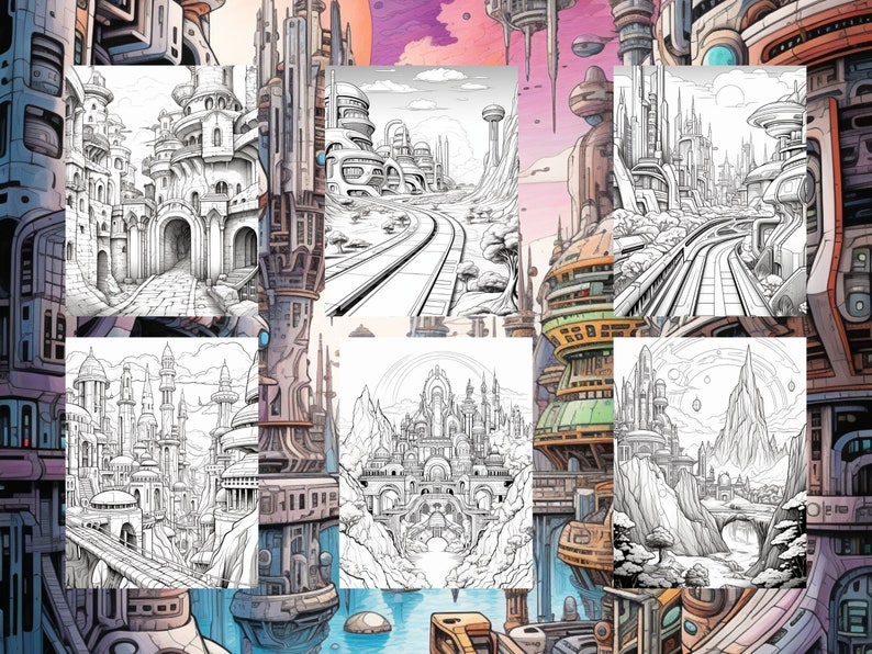 May include: A black and white illustration of a futuristic city with tall buildings, bridges, and a winding road. The city is surrounded by mountains and a sky with clouds.