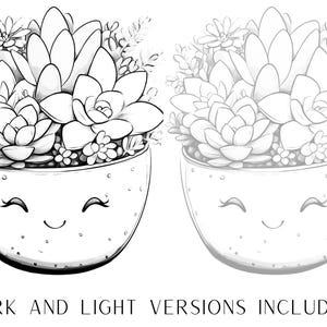 May include: A black and white line drawing of a succulent plant in a pot with a smiling face. The pot has a textured surface.