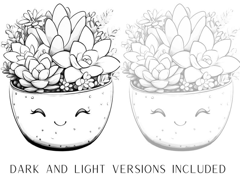 May include: A black and white line drawing of a succulent plant in a pot with a smiling face. The pot has a textured surface.