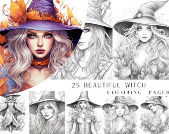 25 Beautiful Witch Coloring Pages - Adult Coloring Book, Fantasy Coloring Sheets, Instant Download, Printable PDF File.