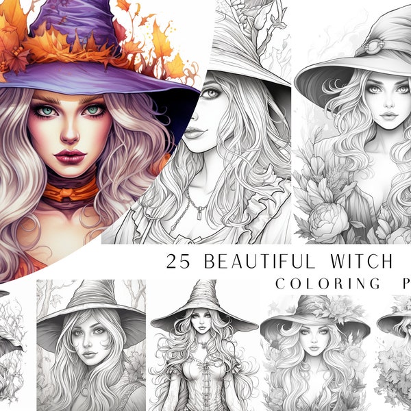 25 Beautiful Witch Coloring Pages - Adult Coloring Book, Fantasy Coloring Sheets, Instant Download, Printable PDF File.