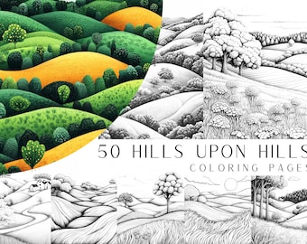 50 Hills Upon Hills Coloring Pages - Instant Digital Download, Adult Coloring Book, Pattern Coloring Pages, Printable PDF File, Relaxing Art
