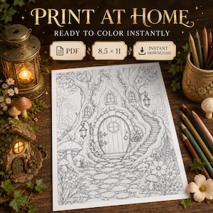 May include: A digital coloring page featuring a tree house with a round door, stone path, and forest elements. The text reads PRINT AT HOME, READY TO COLOR INSTANTLY, PDF, 8.5 x 11, and INSTANT DOWNLOAD. The page is surrounded by a lantern and pencils.