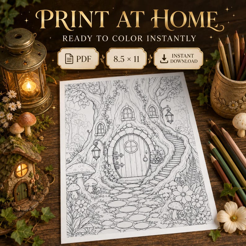 May include: A digital coloring page featuring a tree house with a round door, stone path, and forest elements. The text reads PRINT AT HOME, READY TO COLOR INSTANTLY, PDF, 8.5 x 11, and INSTANT DOWNLOAD. The page is surrounded by a lantern and pencils.