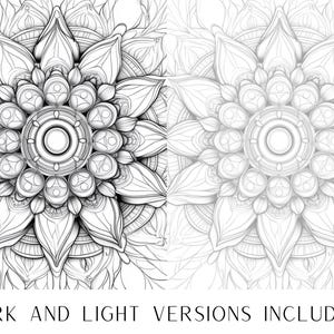 May include: A black and white mandala design with intricate details. The design features a central circle surrounded by a series of concentric circles and petals.