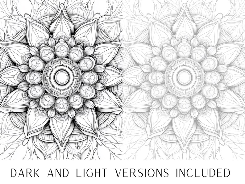 May include: A black and white mandala design with intricate details. The design features a central circle surrounded by a series of concentric circles and petals.