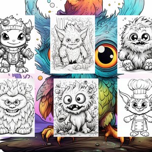 May include: A set of nine black and white line drawings of cute, cartoon-style monsters. The monsters are all different shapes and sizes, and they have a variety of expressions on their faces. Some of the monsters are wearing hats or other accessories.