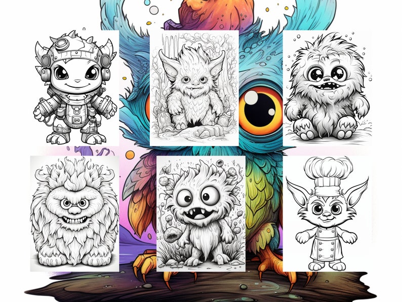 May include: A set of nine black and white line drawings of cute, cartoon-style monsters. The monsters are all different shapes and sizes, and they have a variety of expressions on their faces. Some of the monsters are wearing hats or other accessories.