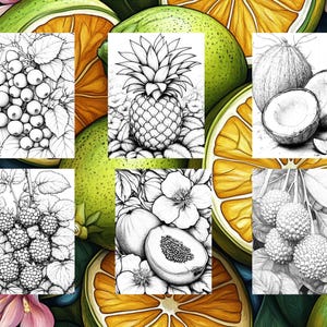 May include: A collection of six black and white line drawings of various fruits and vegetables. The drawings are set against a background of orange and green citrus fruit slices.