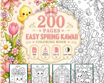 200 Easy Spring Kawaii Coloring Pages - Adult And Kids Coloring Book, Kawaii Coloring Sheets, Instant Download, Printable PDF File.