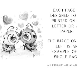 May include: Black and white illustration of two cartoon ladybugs with large eyes, facing each other. They are surrounded by hearts. The text "EACH PAGE IS DESIGNED TO BE PRINTED ON US LETTER OR A4 PAPER THE IMAGE ON THE LEFT IS AN EXAMPLE OF A WHOLE PAGE ALL PRODUCTS ARE AS ADVERTISED." is below the image.