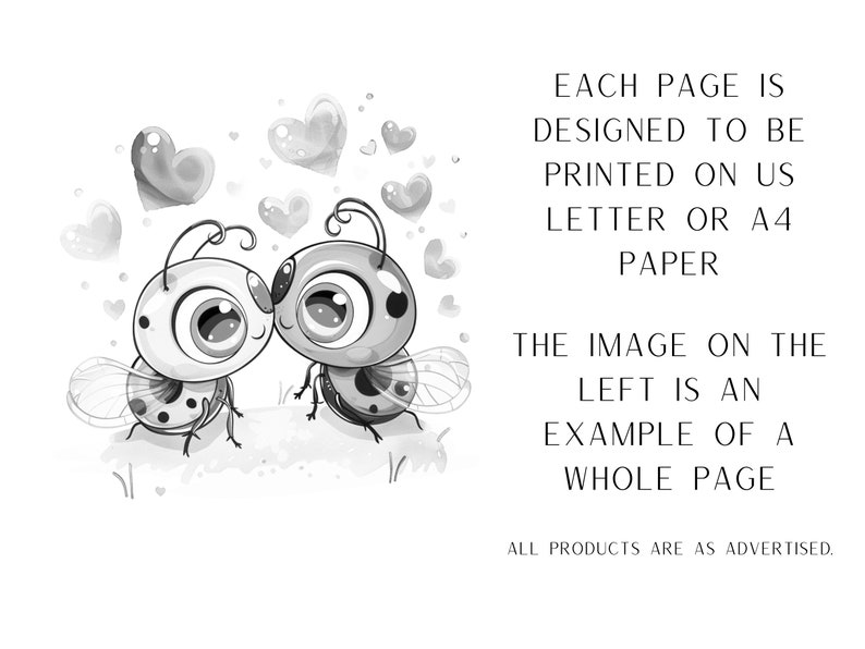 May include: Black and white illustration of two cartoon ladybugs with large eyes, facing each other. They are surrounded by hearts. The text "EACH PAGE IS DESIGNED TO BE PRINTED ON US LETTER OR A4 PAPER THE IMAGE ON THE LEFT IS AN EXAMPLE OF A WHOLE PAGE ALL PRODUCTS ARE AS ADVERTISED." is below the image.