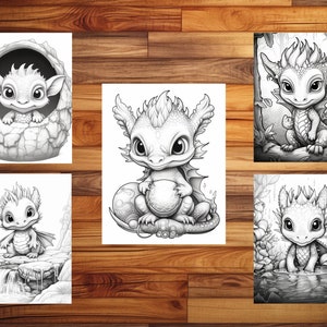 May include: Five black and white illustrations of cute baby dragons in different poses. One dragon is in an egg, one is holding a ball, one is standing on a rock, one is sitting on a branch, and one is in a pool of water.