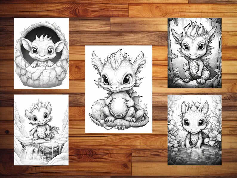 May include: Five black and white illustrations of cute baby dragons in different poses. One dragon is in an egg, one is holding a ball, one is standing on a rock, one is sitting on a branch, and one is in a pool of water.