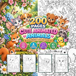 Op de afbeelding: Een digitaal kleurboek-omslag getiteld 200 PAGES CUTE ANIMATED ANIMALS met kleurrijke illustraties van een puppy, kitten, beer, hert, wasbeer en kuiken omringd door bloemen en vlinders, inclusief vier zwart-wit voorbeeldpagina's.