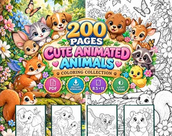 200 Cute Animated Animals Coloring Pages | Adorable Animal Coloring Book | Printable PDF