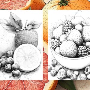 May include: A black and white pencil drawing of a bowl of fruit. The bowl is filled with strawberries, raspberries, and blueberries. There are also some leaves around the bowl.
