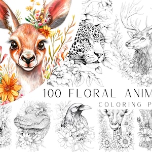 100 種類の花の動物ぬりえ - すぐに使えるデジタル PDF ダウンロード、大人向けの印刷可能なぬりえ、サファリの動物、農場の動物、海の動物