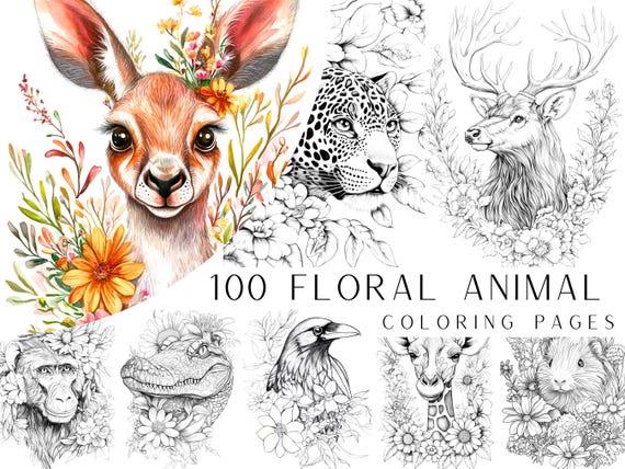100 Floral Animal Coloring Pages - Instand Digital PDF Download, Adult Coloring Printable Pages, Safari Animals, Farm Animals, Ocean Animals
