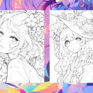 Puede incluir: Dos dibujos en blanco y negro de chicas de anime con flores en el pelo. La chica de la izquierda mira hacia un lado, mientras que la chica de la derecha mira hacia adelante. Ambas chicas tienen el pelo largo y llevan ropa sencilla.