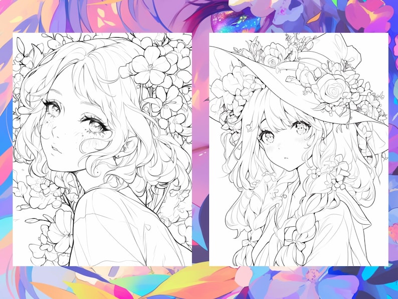 Puede incluir: Dos dibujos en blanco y negro de chicas de anime con flores en el pelo. La chica de la izquierda mira hacia un lado, mientras que la chica de la derecha mira hacia adelante. Ambas chicas tienen el pelo largo y llevan ropa sencilla.