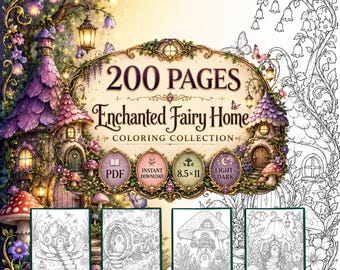 200 Enchanted Fairy Home Coloring Pages, Mushroom Cottage Designs (Light Dark)