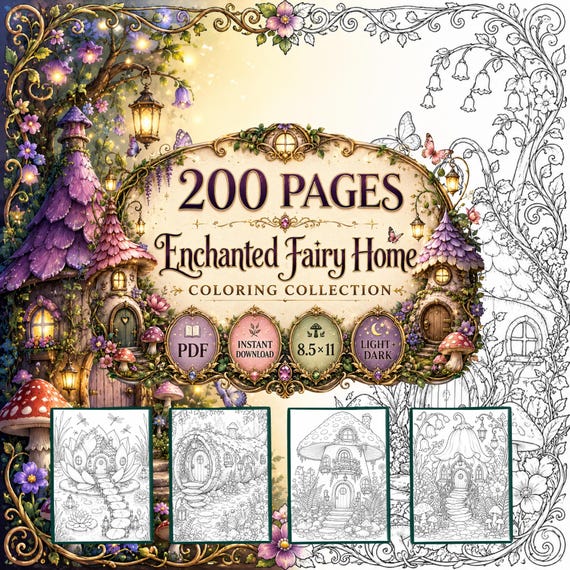 200 Enchanted Fairy Home Coloring Pages, Mushroom Cottage Designs (Light Dark)