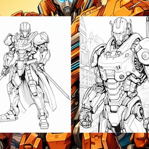 May include: A black and white line drawing of two robots. The robot on the left is holding two swords and has a flowing cape. The robot on the right is standing in a city setting.