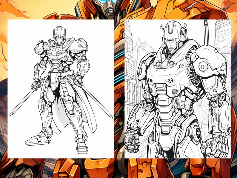 May include: A black and white line drawing of two robots. The robot on the left is holding two swords and has a flowing cape. The robot on the right is standing in a city setting.