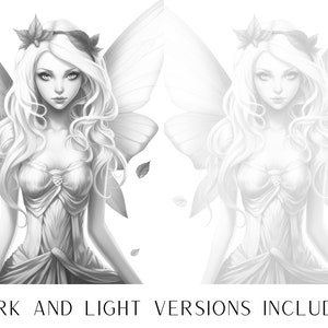 May include: A black and white illustration of a fairy with wings, wearing a dress and a crown of leaves. The image is in two versions, one with darker shading and one with lighter shading.